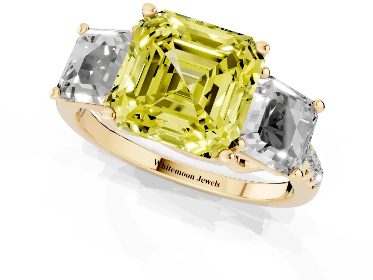 Fancy Yellow Three-Stone Asscher Cut Diamond Ring with Round Pavé Band and Prong Setting Yellow gold