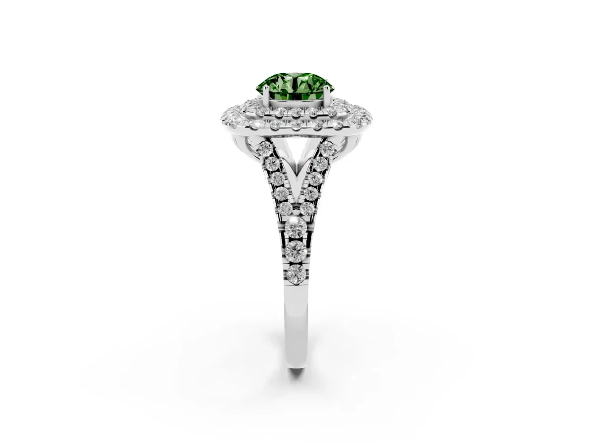 Fancy Green Double Halo Round Cut Diamond Pavé Split Shank Ring with Prong Setting White gold