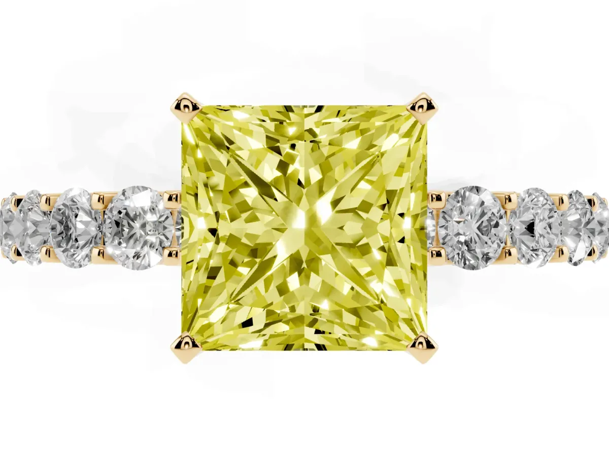 Fancy Yellow Princess Cut Diamond Solitaire Ring with Shared Prong Pavé Band and Four-Prong Setting Yellow gold