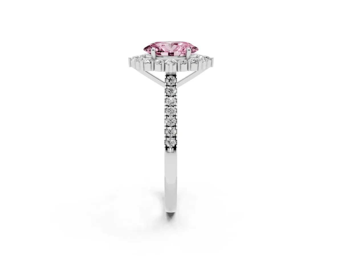 Fancy Pink Oval Cut Halo Diamond Ring with Pavé Band and Prong Setting Silver