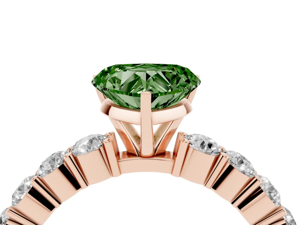 Fancy Green Heart Cut Diamond Solitaire Ring with Shared Prong Round Side Stones Rose gold