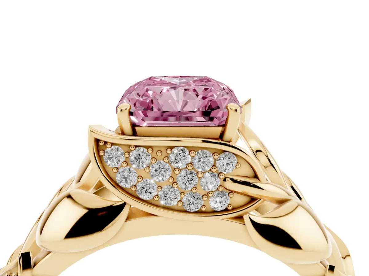 Fancy Pink Radiant Cut Diamond Leaf-Inspired Engagement Ring with Round Accents and Prong Setting Yellow gold