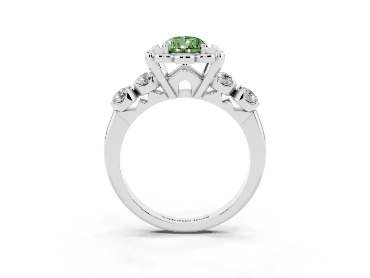 Fancy Green Pear Cut Cut Diamond Floral Halo Engagement Ring with Shared Prong Setting Silver