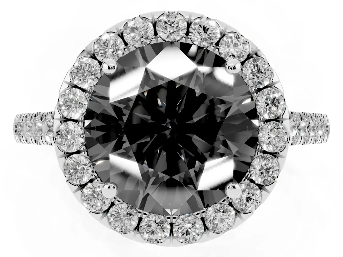 Fancy Black Round Cut Halo Pave Diamond Engagement Ring with Four-Prong Setting Silver
