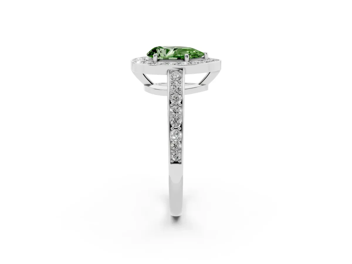 Fancy Green Pear Cut Halo Pavé Diamond Engagement Ring with Bezel Setting Silver