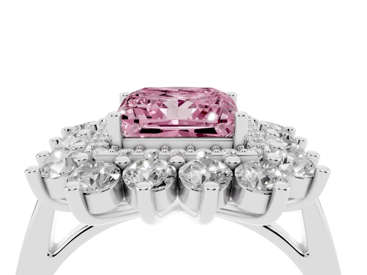 Fancy Pink Princess Cut Diamond Floral Double Halo Engagement Ring with Prong Setting Silver