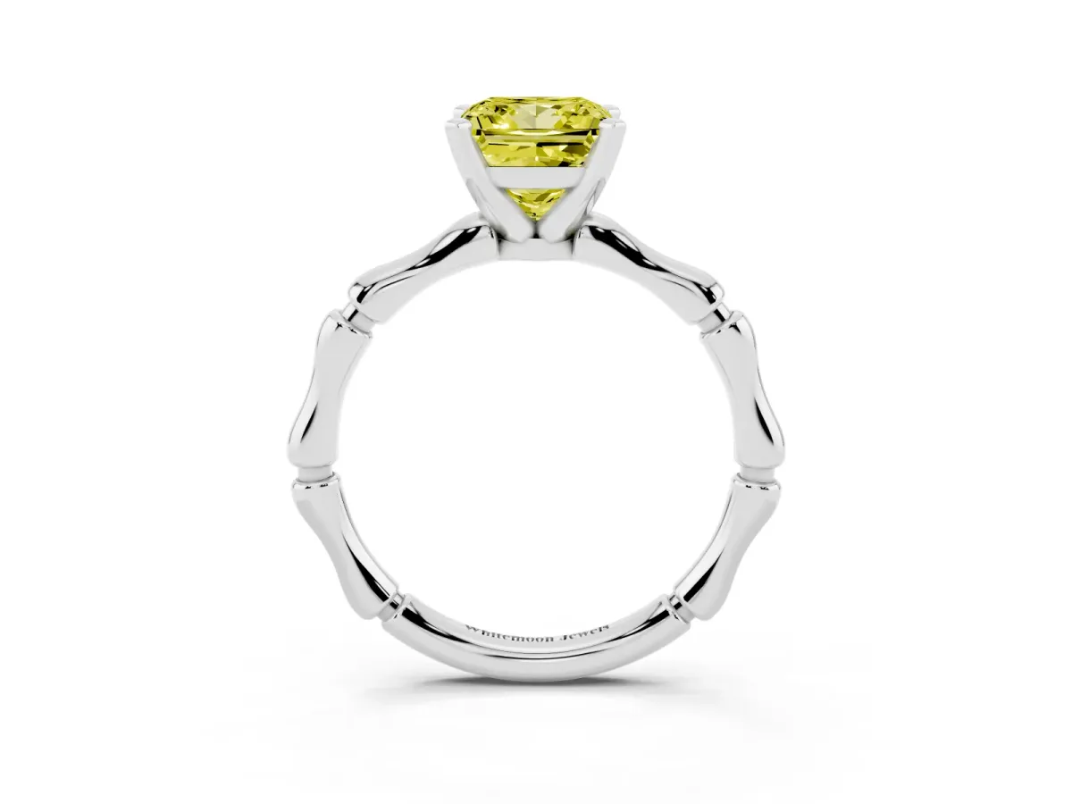 Fancy Yellow Princess Cut Solitaire Diamond Ring with Bamboo Band and Four-Prong Setting Silver