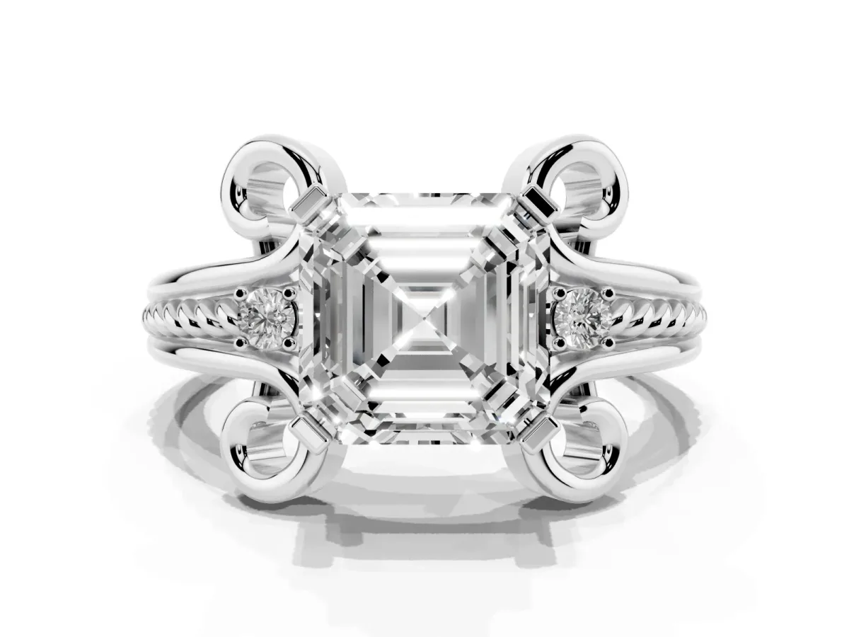 Asscher Cut Solitaire Twisted Band Scroll Prong Ring Silver