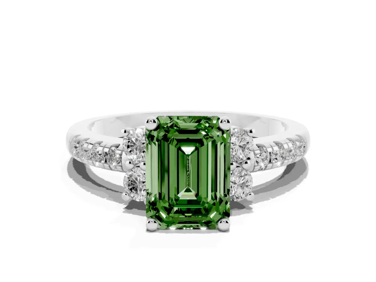 Fancy Green Emerald Cut Diamond Three-Stone Pave Band with Four-Prong Setting Silver