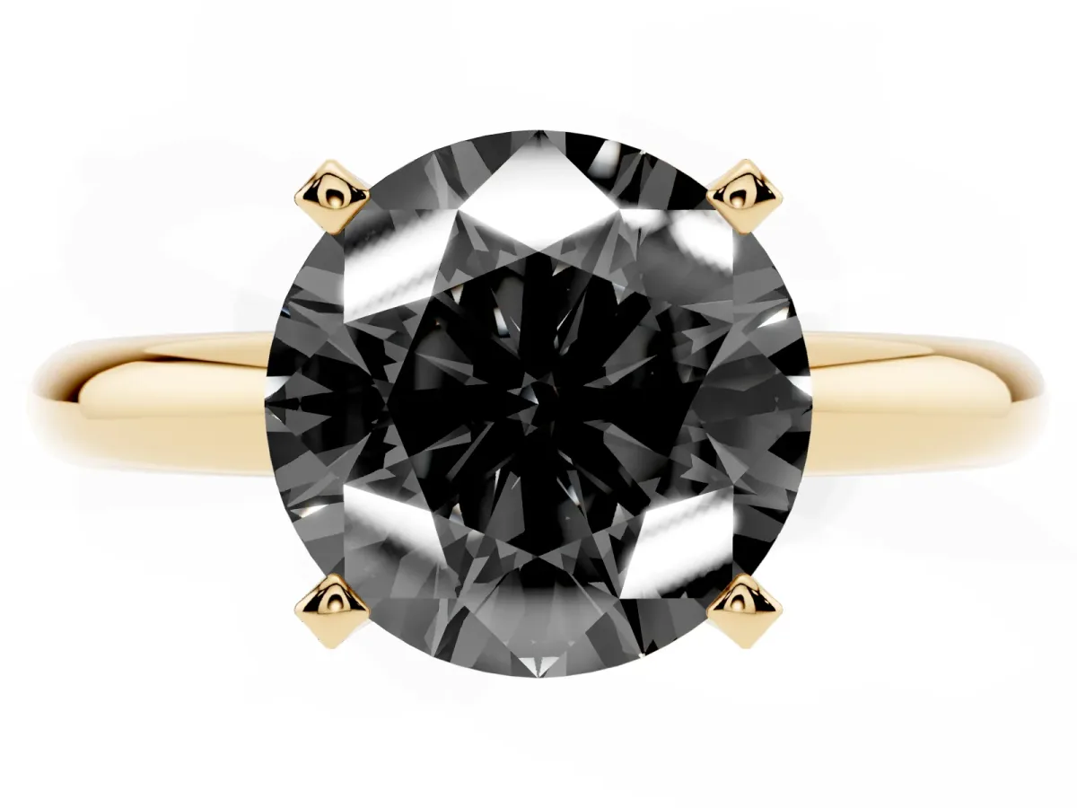 Fancy Black Round Cut Diamond Solitaire Engagement Ring with Round Band and Four-Prong Setting Yellow gold