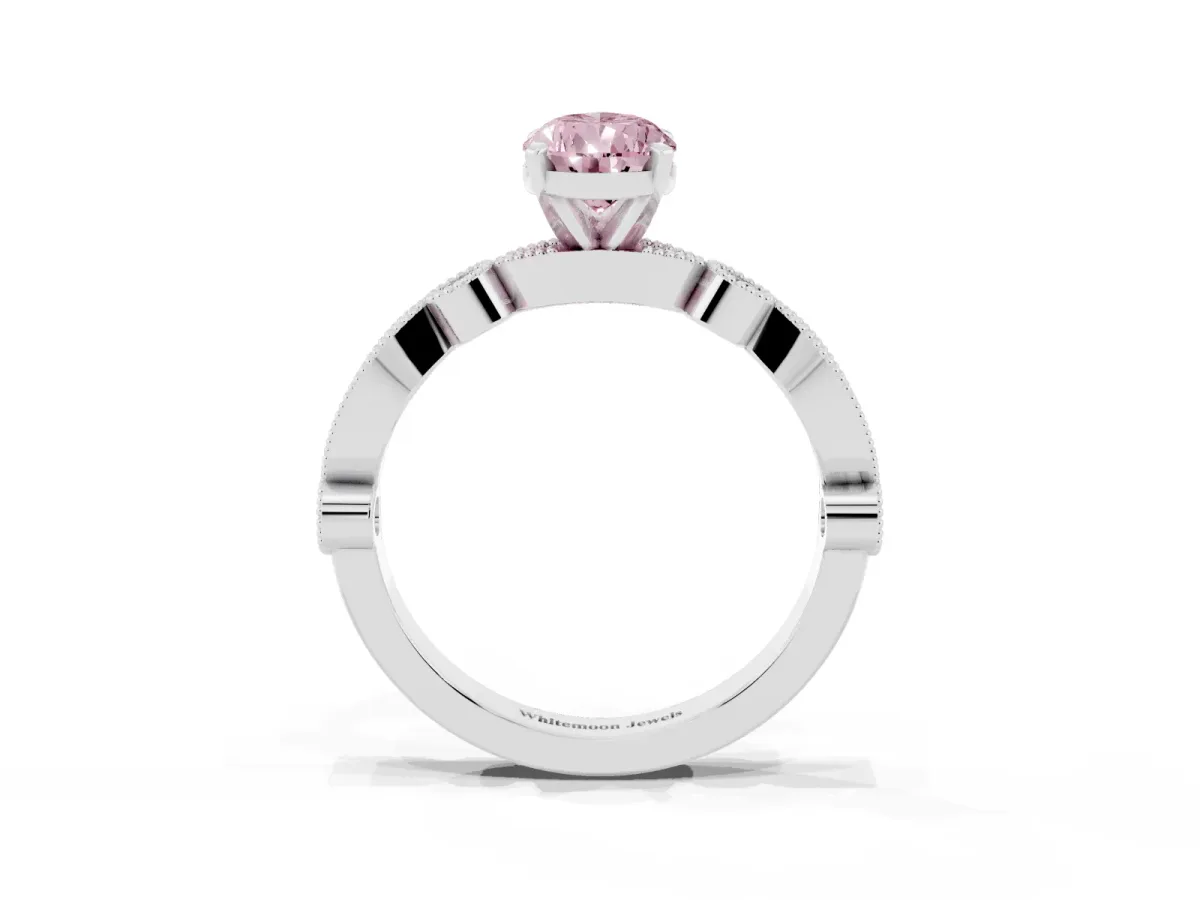 Fancy Pink Pear Cut Milgrain Bezel Diamond Engagement Ring with Solitaire Prong Setting Silver