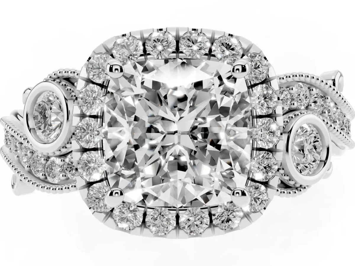 Cushion Cut Diamond Halo Ring with Milgrain Pavé Band and Four-Prong Setting White gold