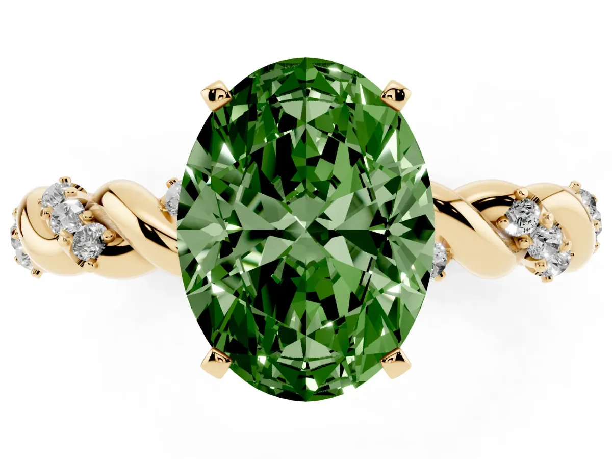 Fancy Green Oval Cut Diamond Solitaire Ring with Twisted Band and Pavé Accents Yellow gold