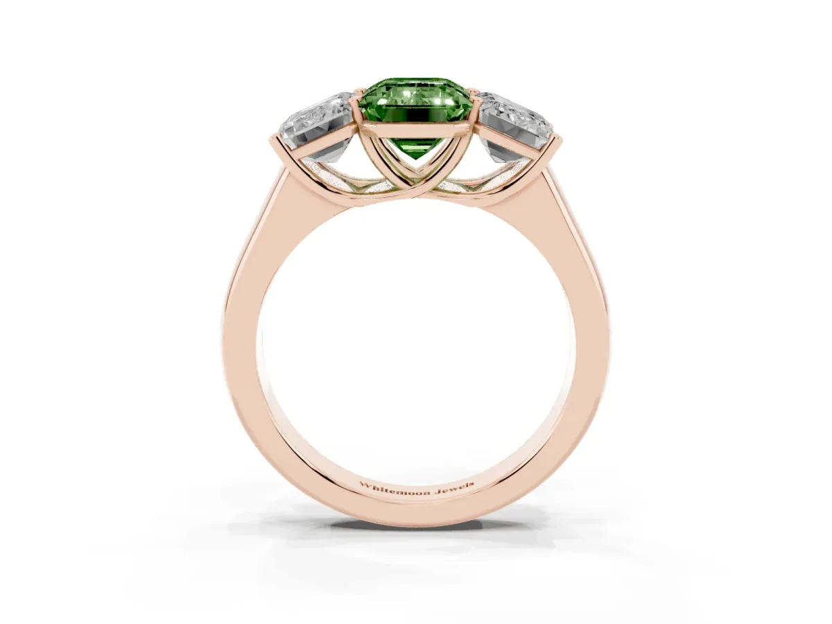 Fancy Green Emerald Cut Three-Stone Diamond Ring with Prong Setting on a Classic Band Rose gold