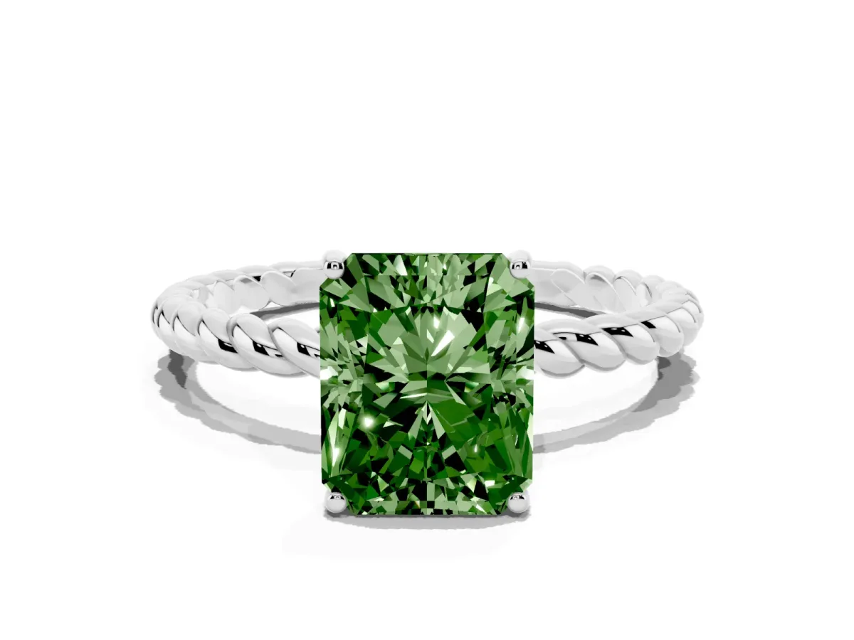 Fancy Green Radiant Cut Solitaire Twist Band Ring with Four-Prong Setting Silver