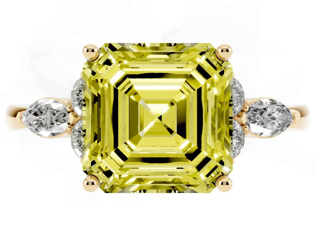 Fancy Yellow Asscher Cut Brilliant Diamond Solitaire Ring with Pear Side Stones and Four-Prong Setting Yellow gold
