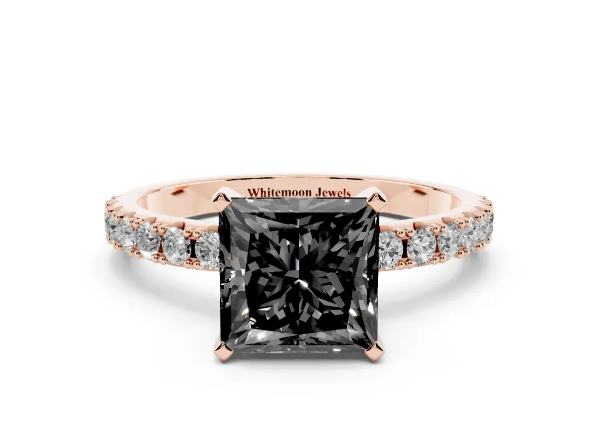 Fancy Black Princess Cut Diamond Solitaire Pavé Band with Four-Prong Setting Rose gold