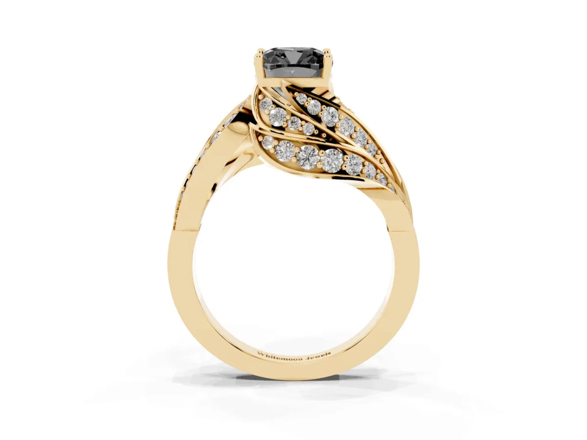Fancy Black Cushion Cut Diamond Solitaire Ring with Prong Setting and Twisted Pavé Band Yellow gold