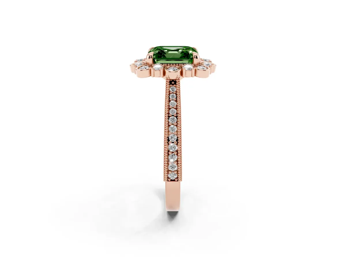 Fancy Green Asscher Cut Halo Milgrain Pave Diamond Ring with Four-Prong Setting Rose gold