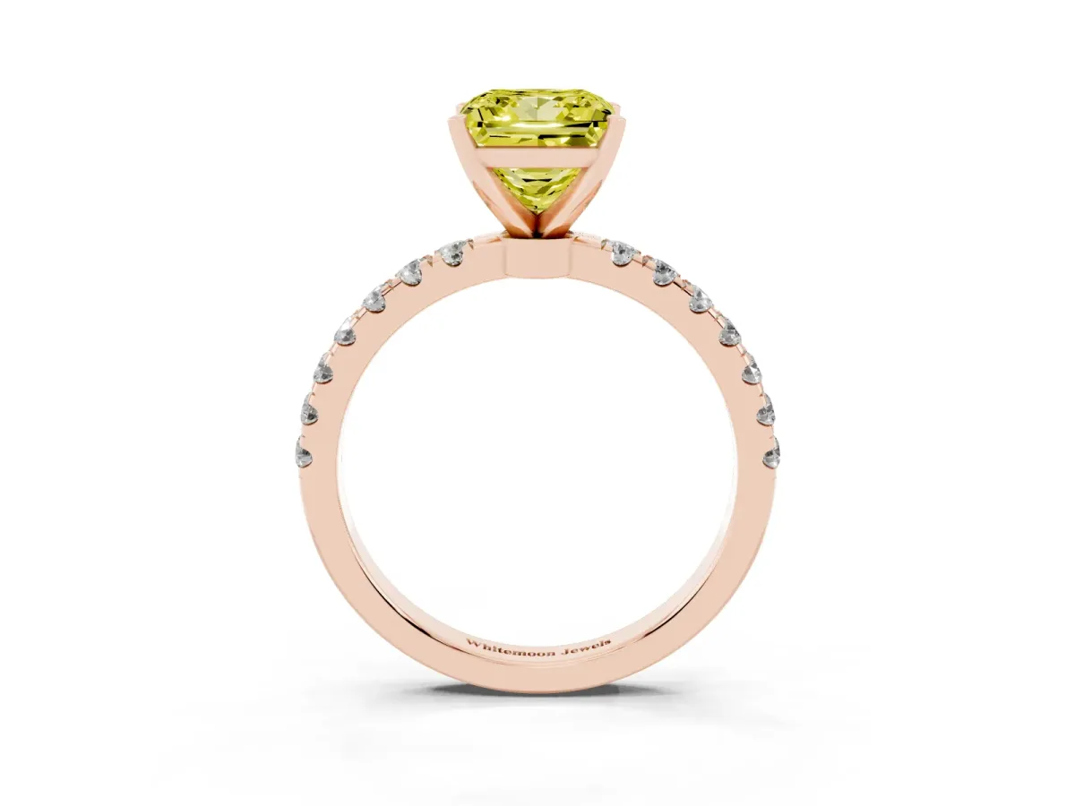Fancy Yellow Princess Cut Diamond Solitaire Ring with Pavé Accents and Four-Prong Setting Rose gold