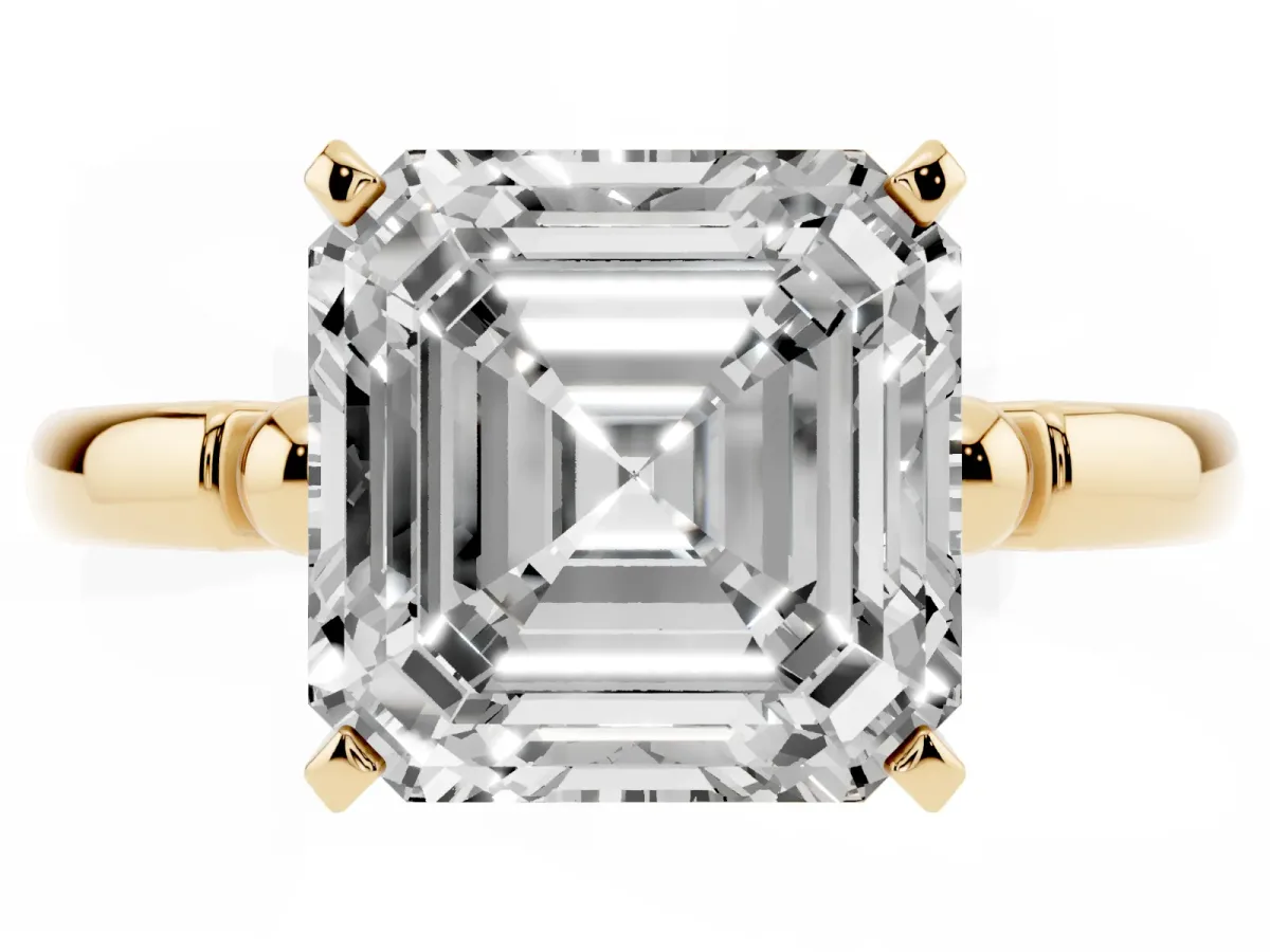 Asscher Cut Solitaire Beaded Band with Four-Prong Setting Yellow gold