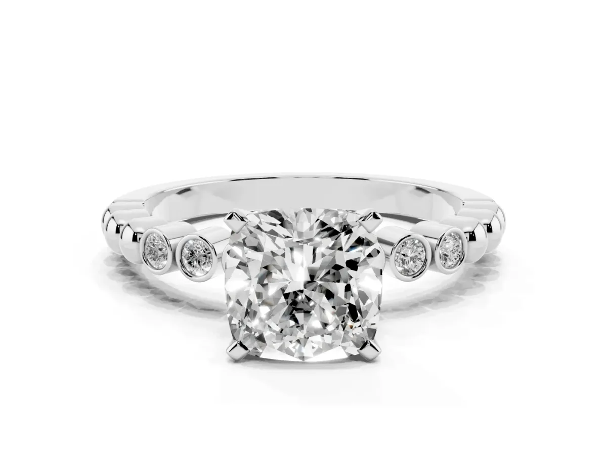 Cushion Cut Solitaire Bezel Accent Diamond Engagement Ring with Beaded Band and Four-Prong Setting Silver