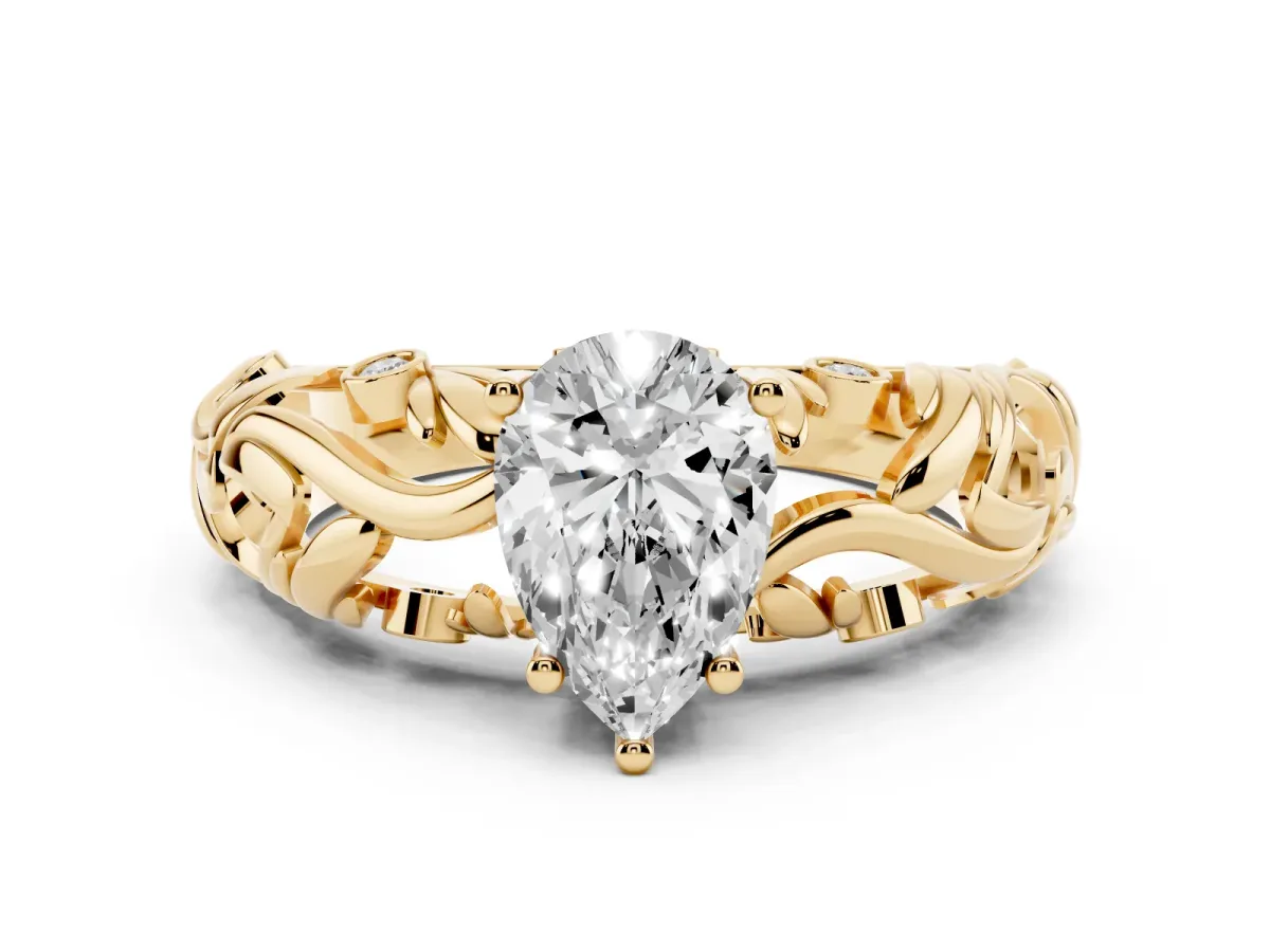 Pear Cut Solitaire Diamond Leaf-Inspired Vine Band Ring with Prong Setting Yellow gold
