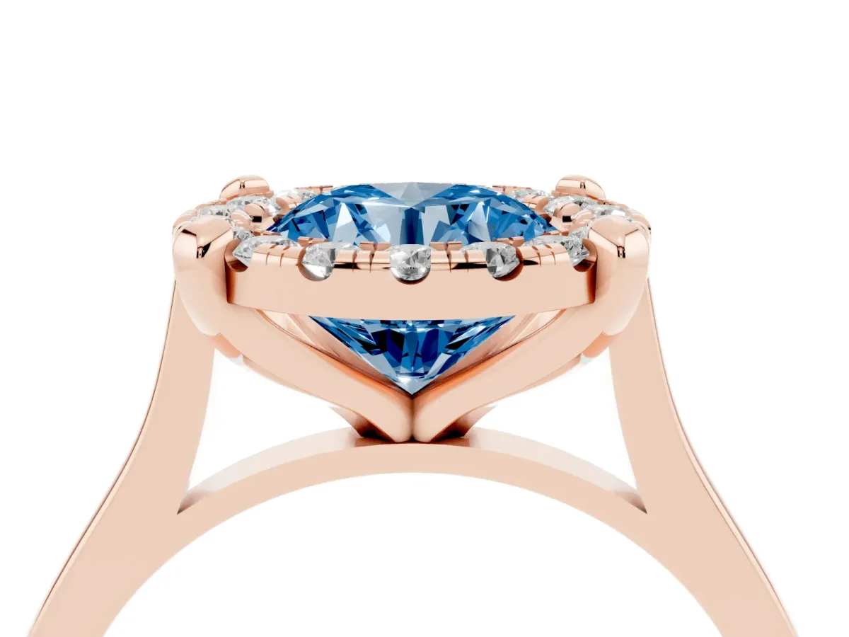 Fancy Blue Round Cut Diamond Cluster Halo Solitaire with Four-Prong Setting Rose gold