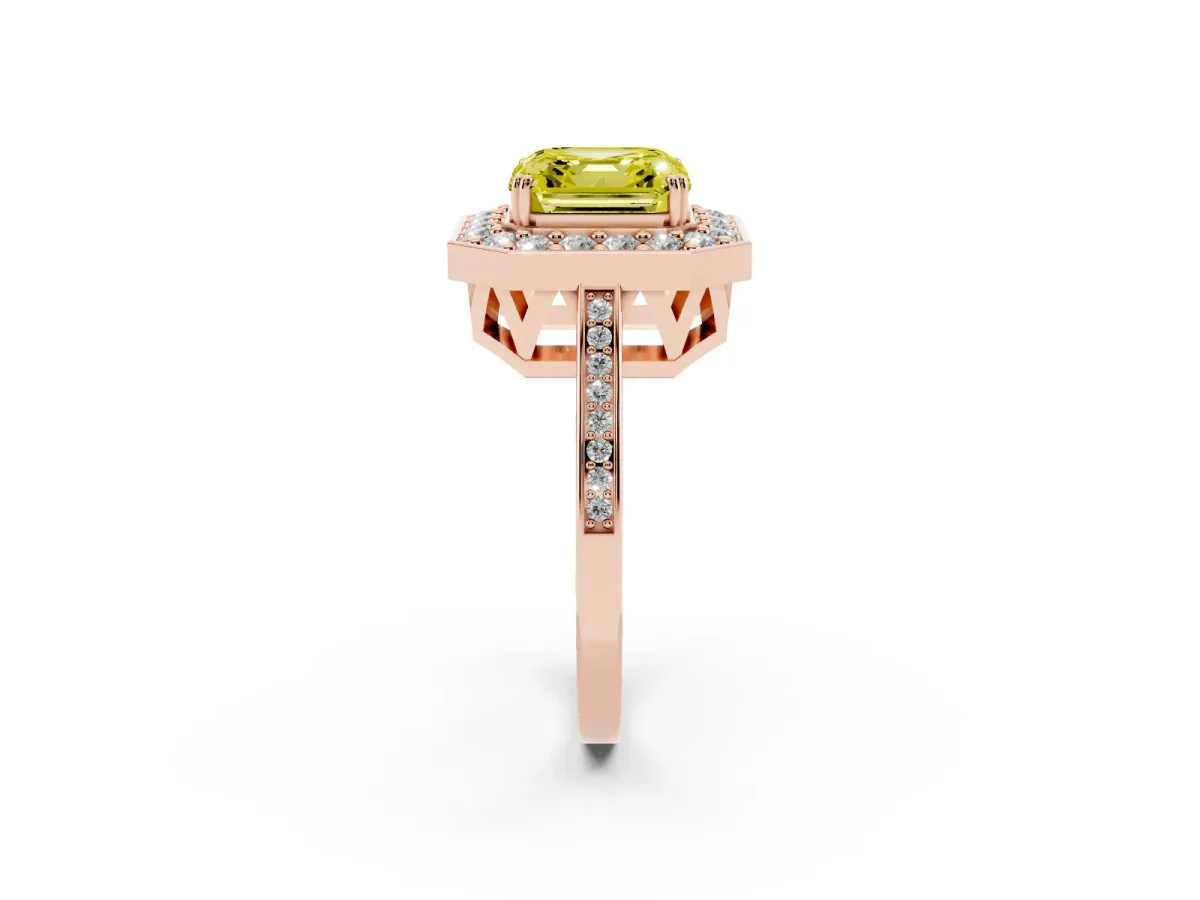 Fancy Yellow Asscher Cut Diamond Halo Ring with Split Shank and Four-Prong Setting Rose gold