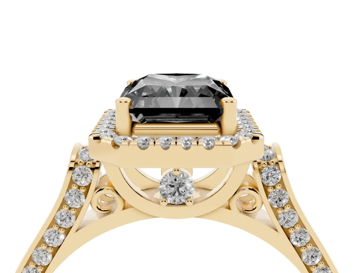 Fancy Black Radiant Cut Halo Round Diamond Twist Band with Four-Prong Setting Yellow gold