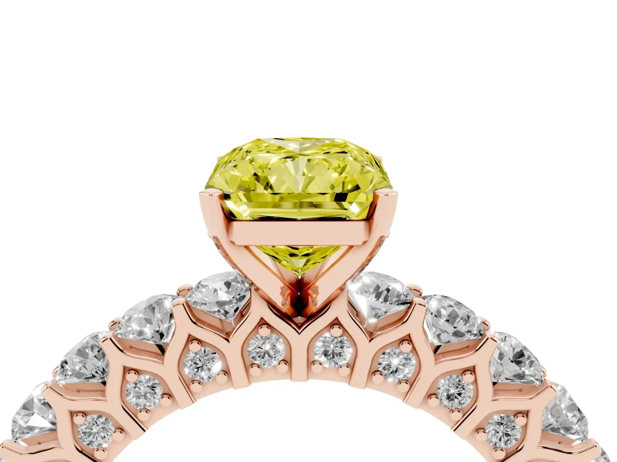 Fancy Yellow Radiant Cut Diamond Solitaire Ring with Shared Prong Pavé Band and Four-Prong Setting Rose gold