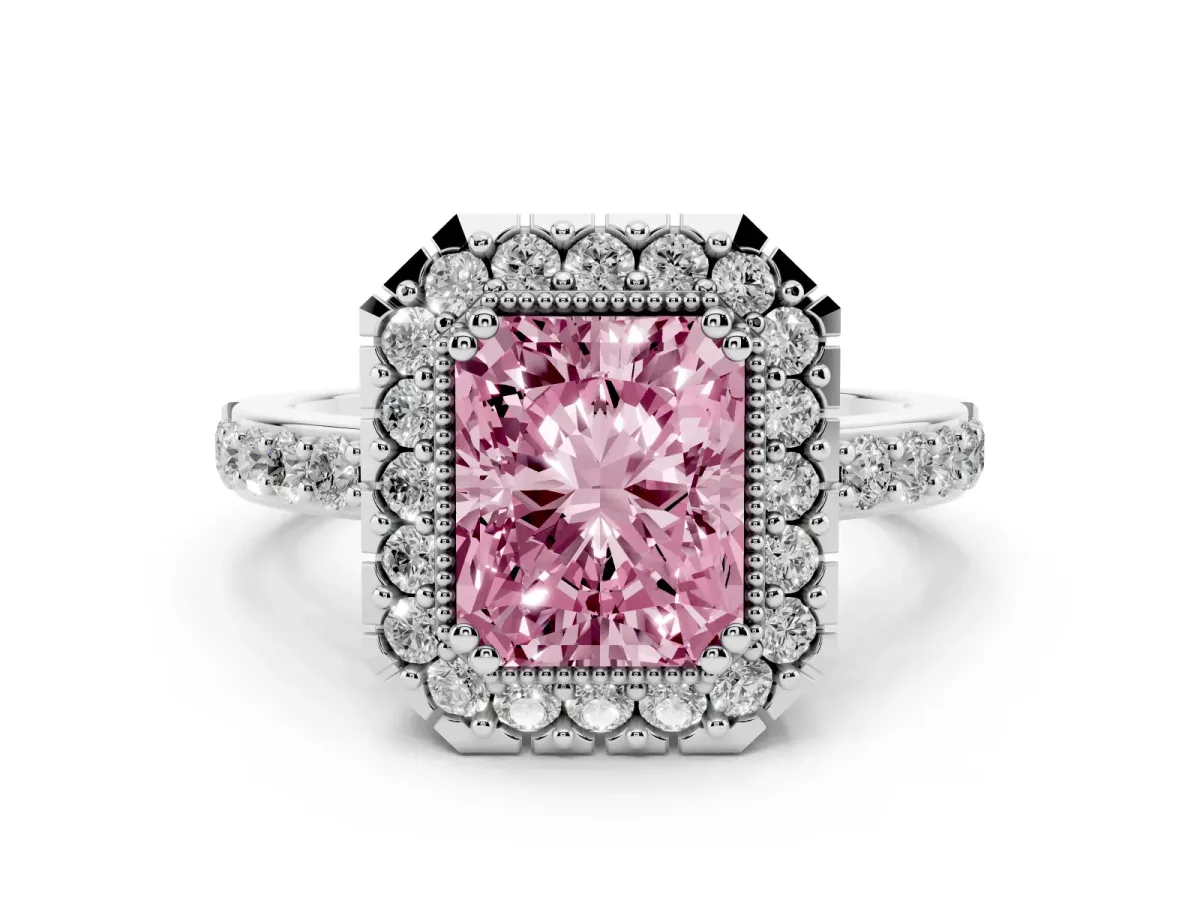Fancy Pink Radiant Cut Diamond Halo Ring with Pavé Band and Prong Setting Silver