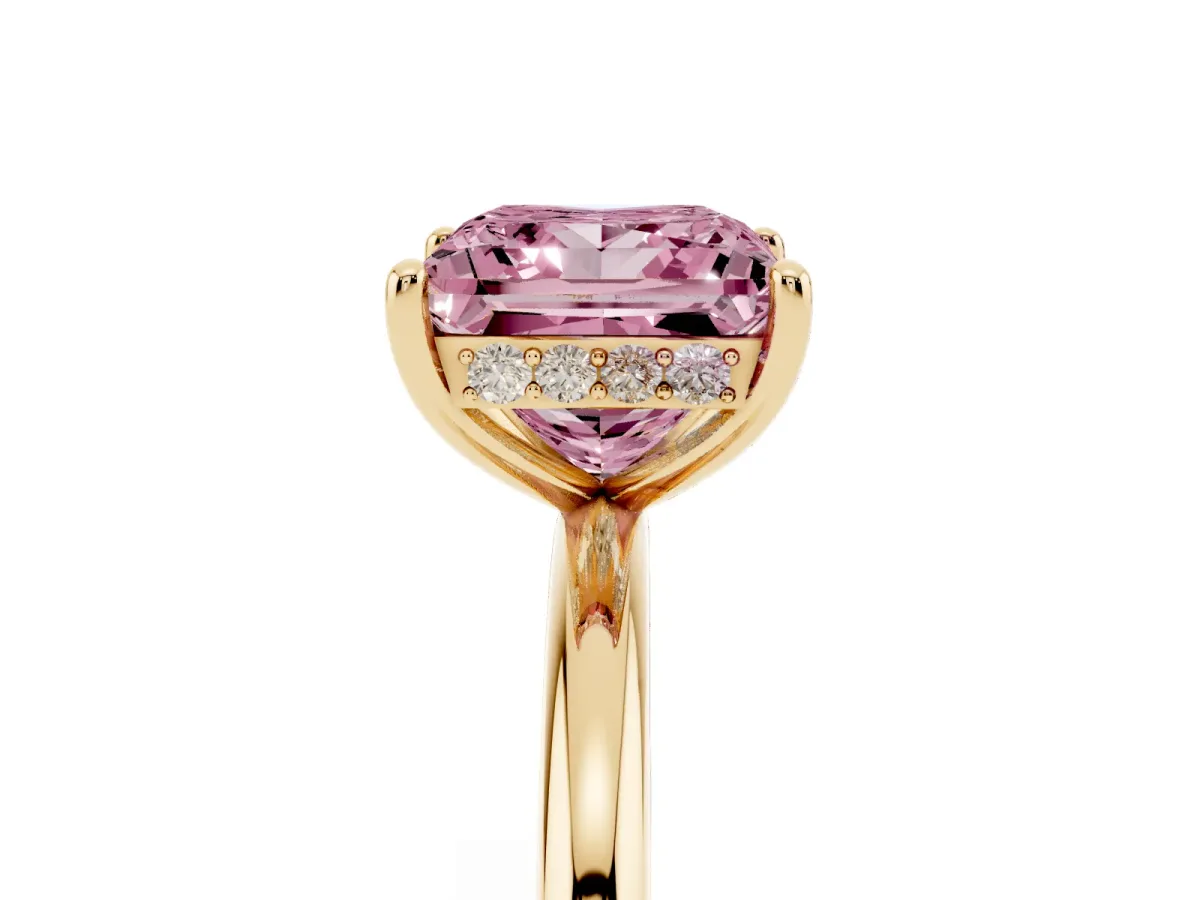 Fancy Pink Princess Cut Solitaire Diamond Ring with a Classic Band and Four-Prong Setting Yellow gold