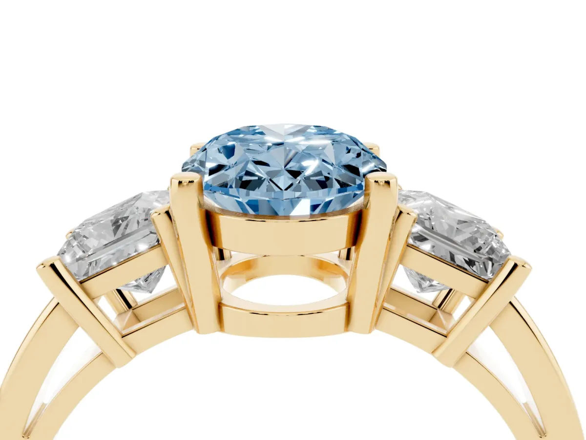 Fancy Blue Three-Stone Oval Cut Cut Solitaire Ring with Prong Setting Yellow gold