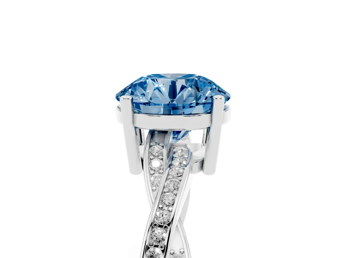 Fancy Blue Round Cut Solitaire Twisted Pave Diamond Ring with Four-Prong Setting Silver