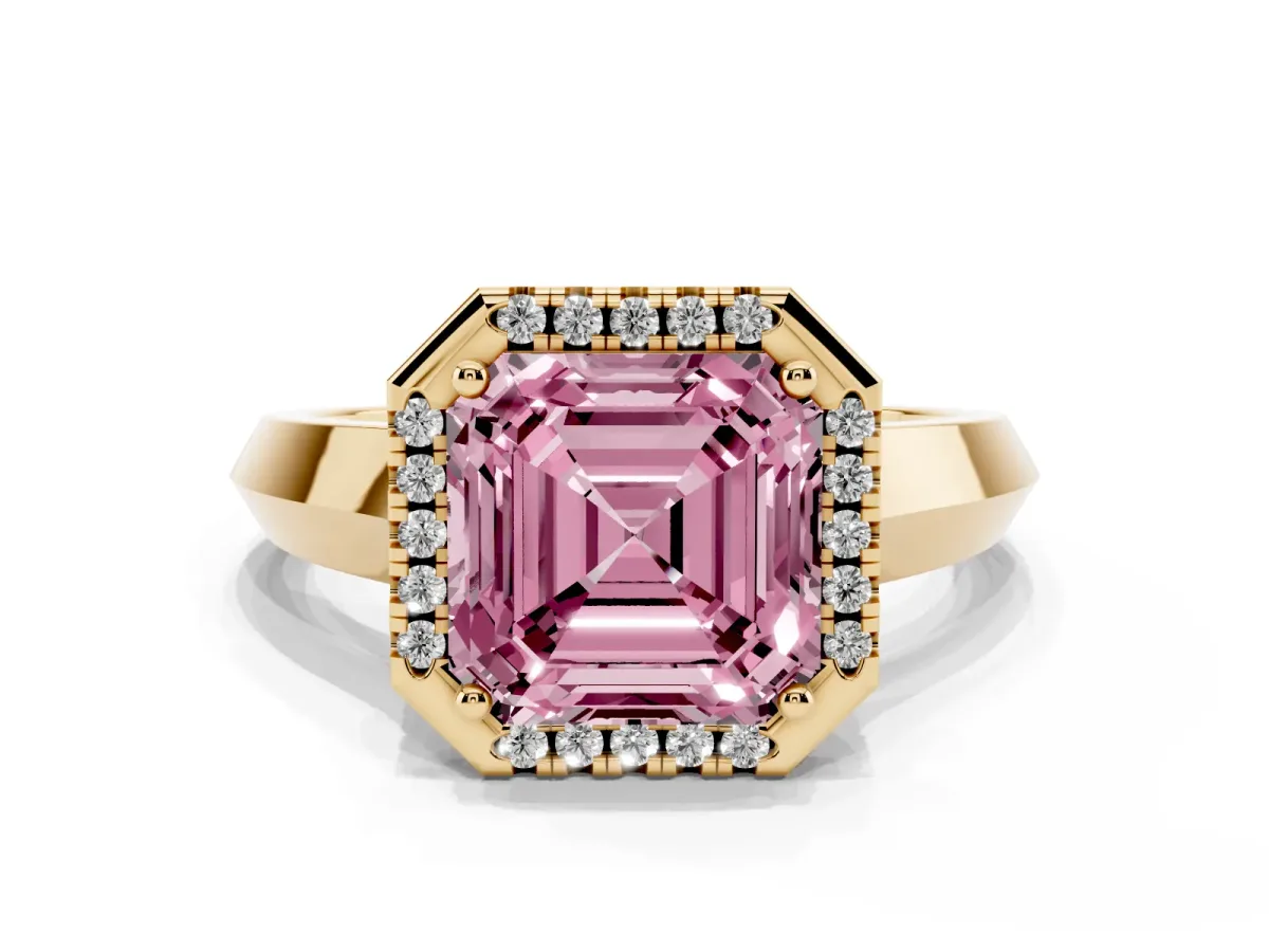 Fancy Pink Asscher Cut Halo Diamond Ring with Cathedral Band and Four-Prong Setting Yellow gold