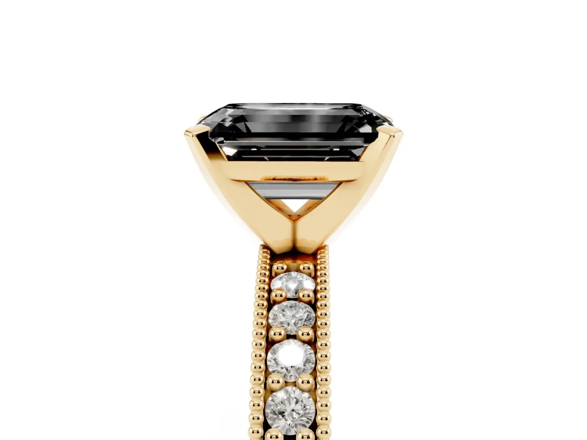 Fancy Black Emerald Cut Diamond Milgrain Pavé Engagement Ring with Four-Prong Setting Yellow gold