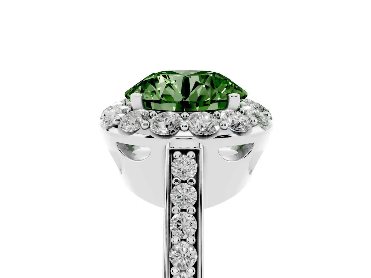 Fancy Green Round Cut Diamond Floral Halo Ring with Pavé Band and Prong Setting Silver