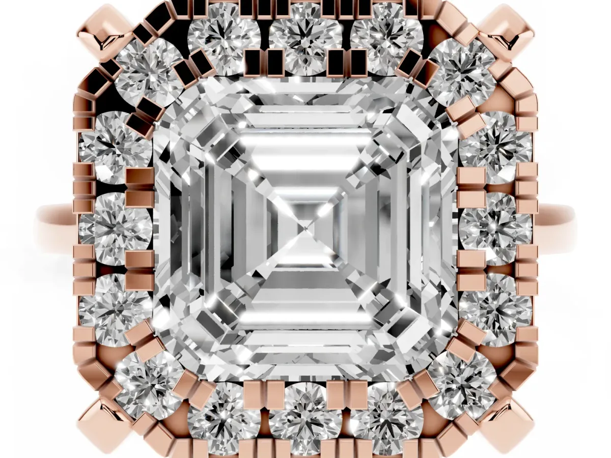 Asscher Cut Diamond Cluster Halo Solitaire with Four-Prong Setting Rose gold