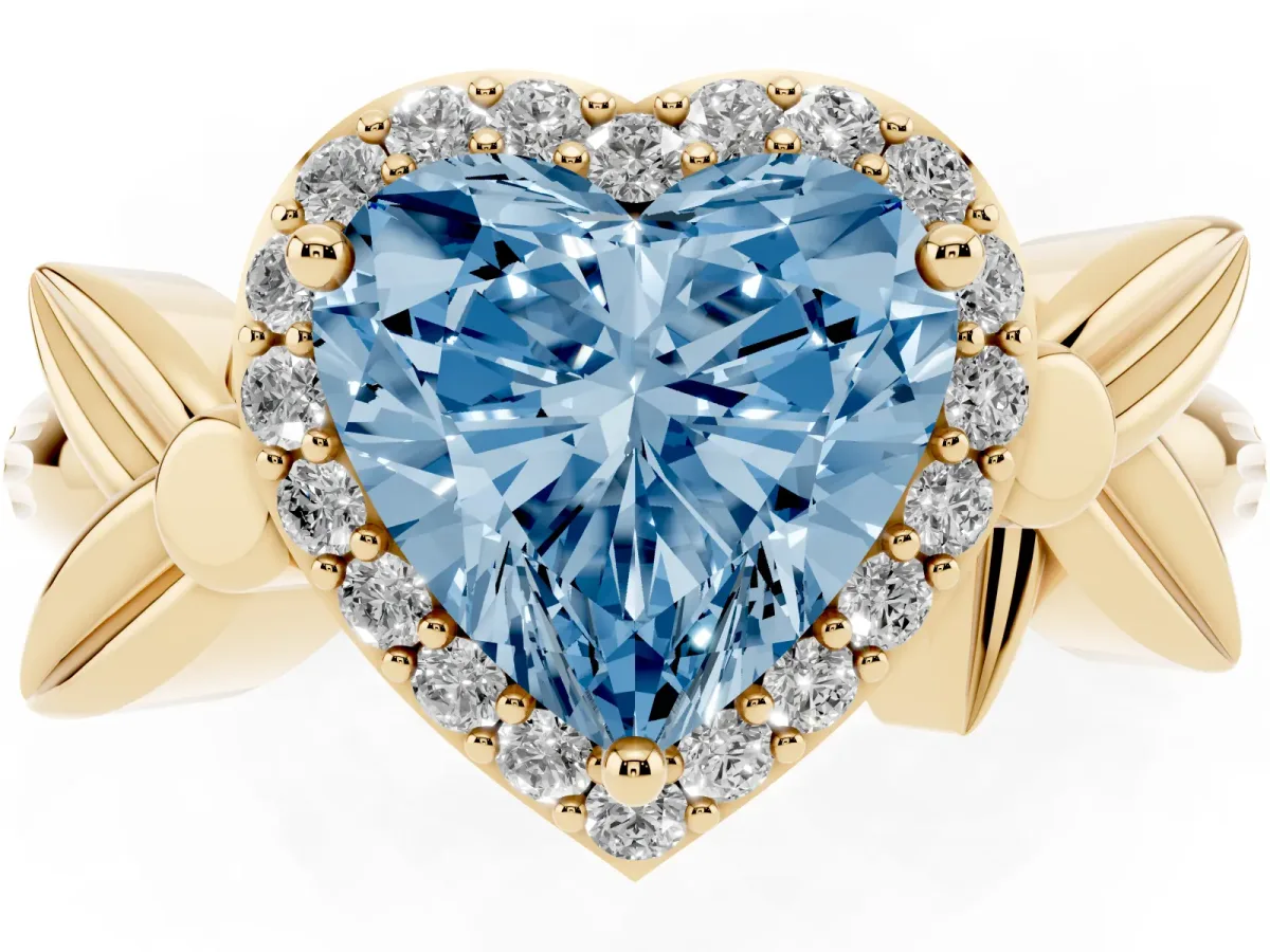 Fancy Blue Heart Cut Halo Diamond Floral Band with Four-Prong Setting Yellow gold