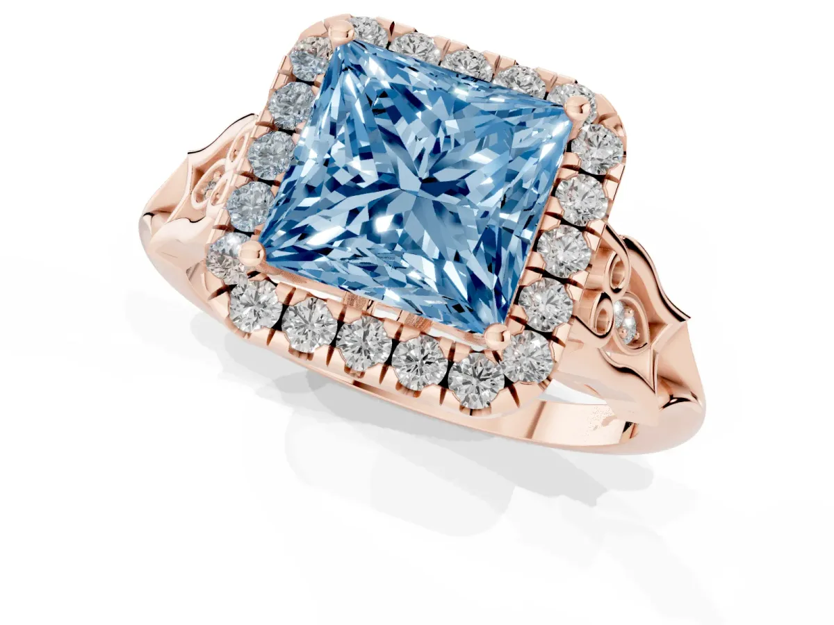 Fancy Blue Princess Cut Halo Diamond Engagement Ring with Filigree Band and Four-Prong Setting Rose gold