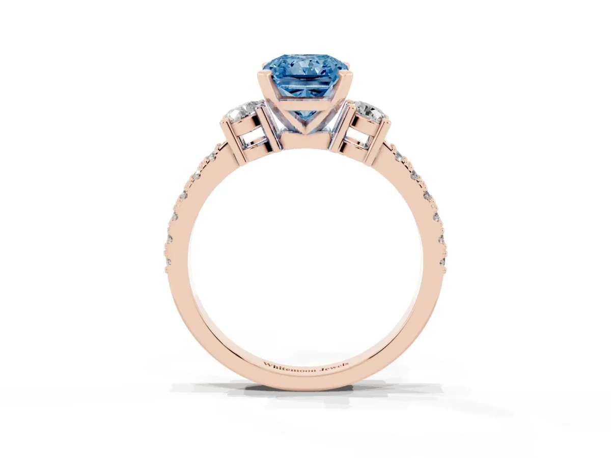Fancy Blue Radiant Cut Three-Stone Diamond Pavé Band with Prong Setting Rose gold