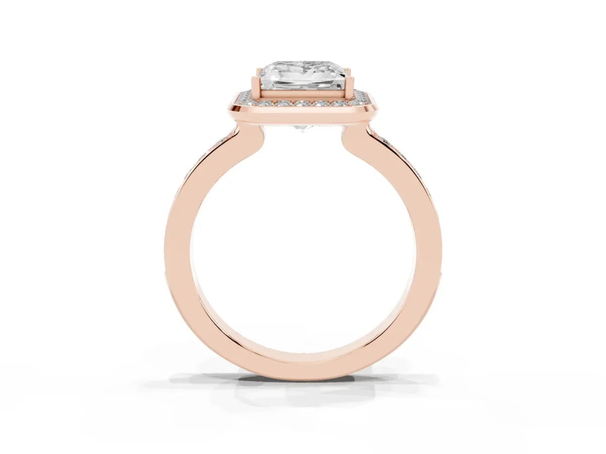 Princess Cut Diamond Halo Ring with Bezel Frame and Pavé Band Rose gold