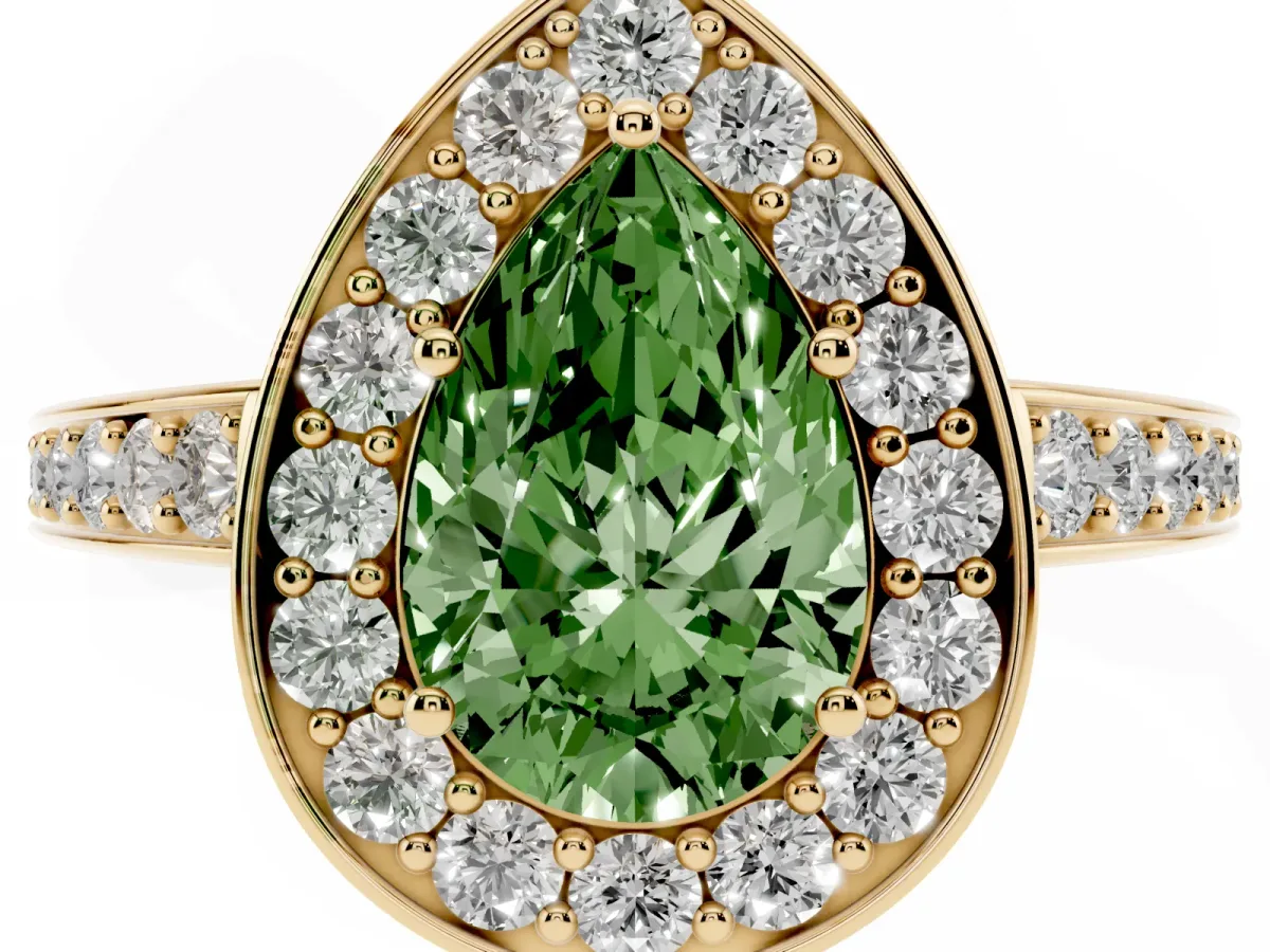 Fancy Green Pear Cut Halo Pavé Diamond Engagement Ring with Bezel Setting Yellow gold