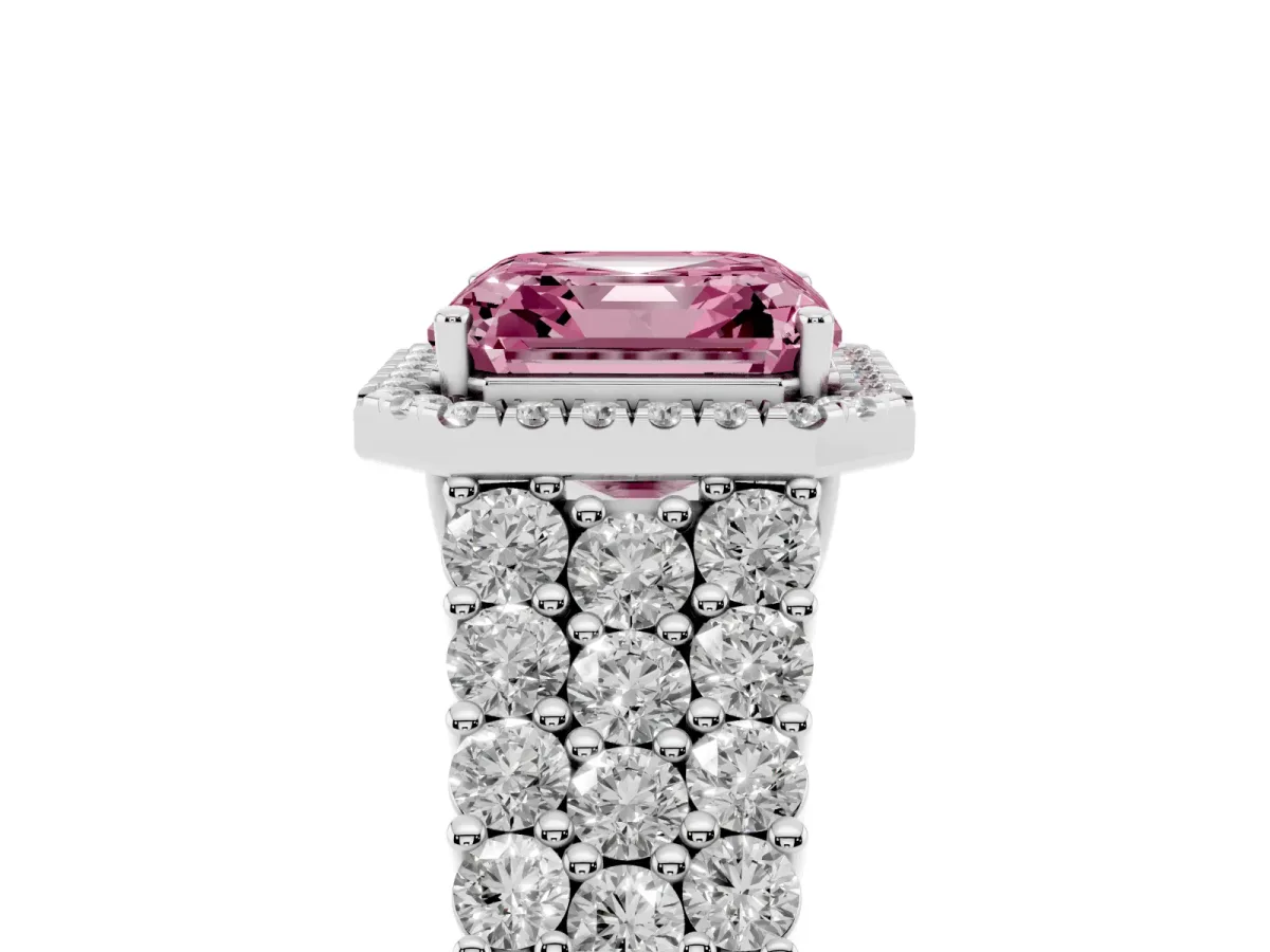 Fancy Pink Asscher Cut Diamond Halo Engagement Ring with Triple Row Round Pavé Band and Prong Setting Platinum