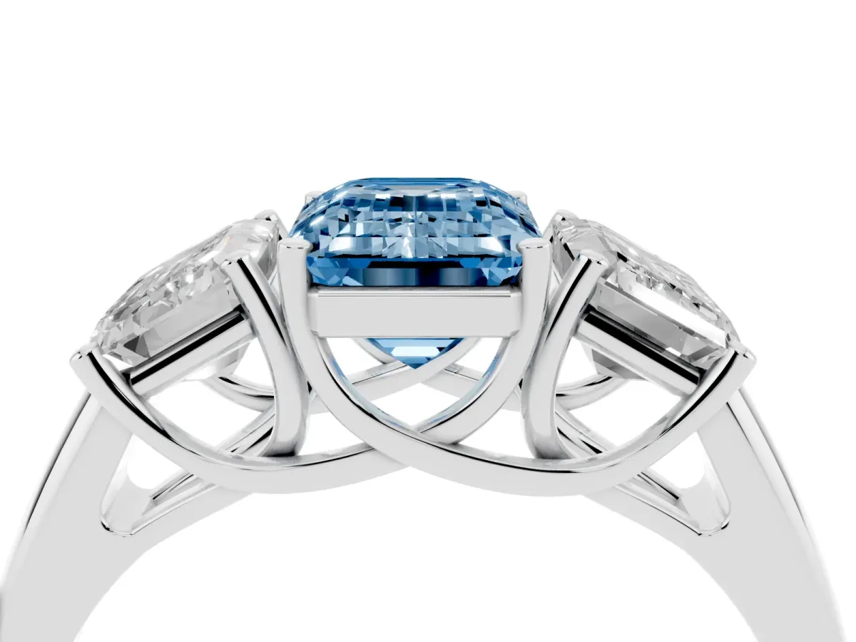Fancy Blue Three-Stone Emerald Cut Diamond Engagement Ring with Prong Setting Silver