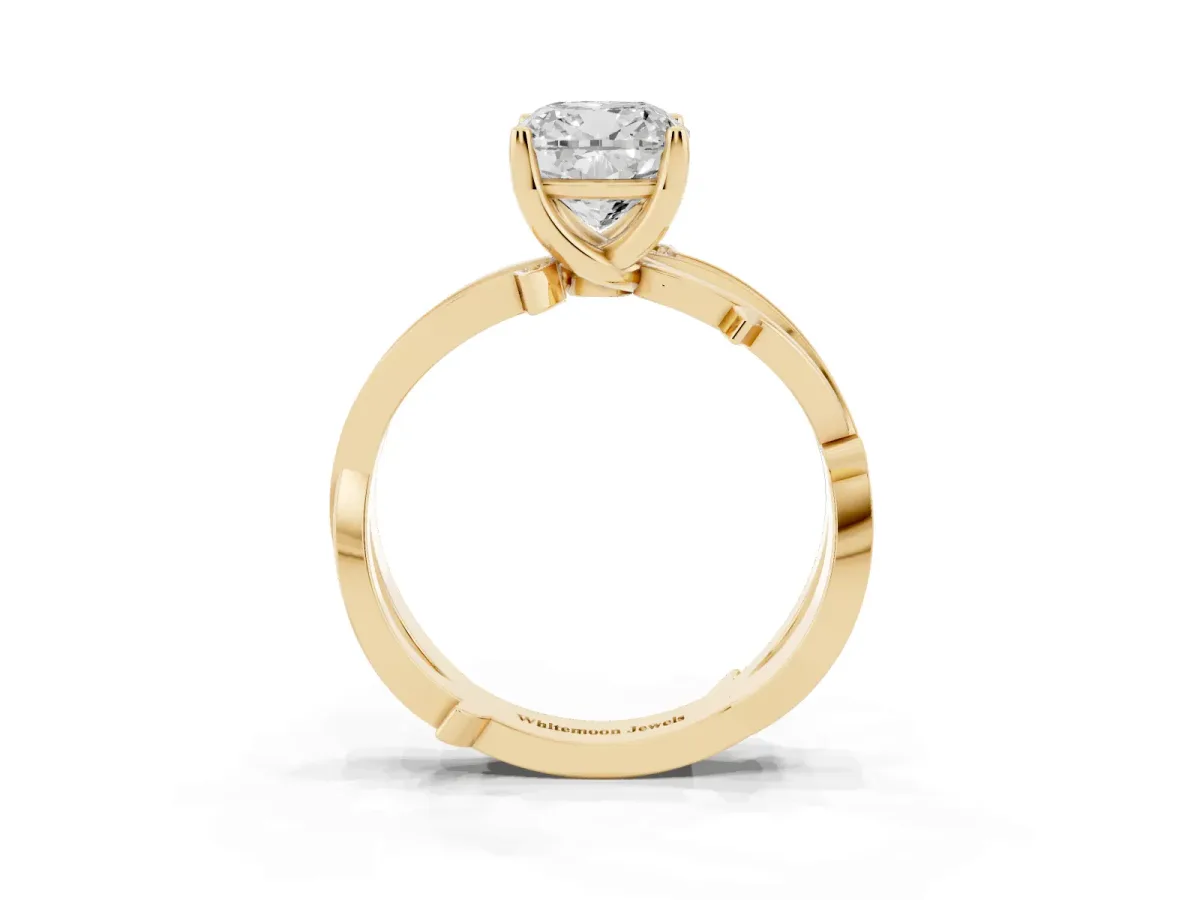 Cushion Cut Solitaire Twist Band with Pavé Accents and Four-Prong Setting Yellow gold