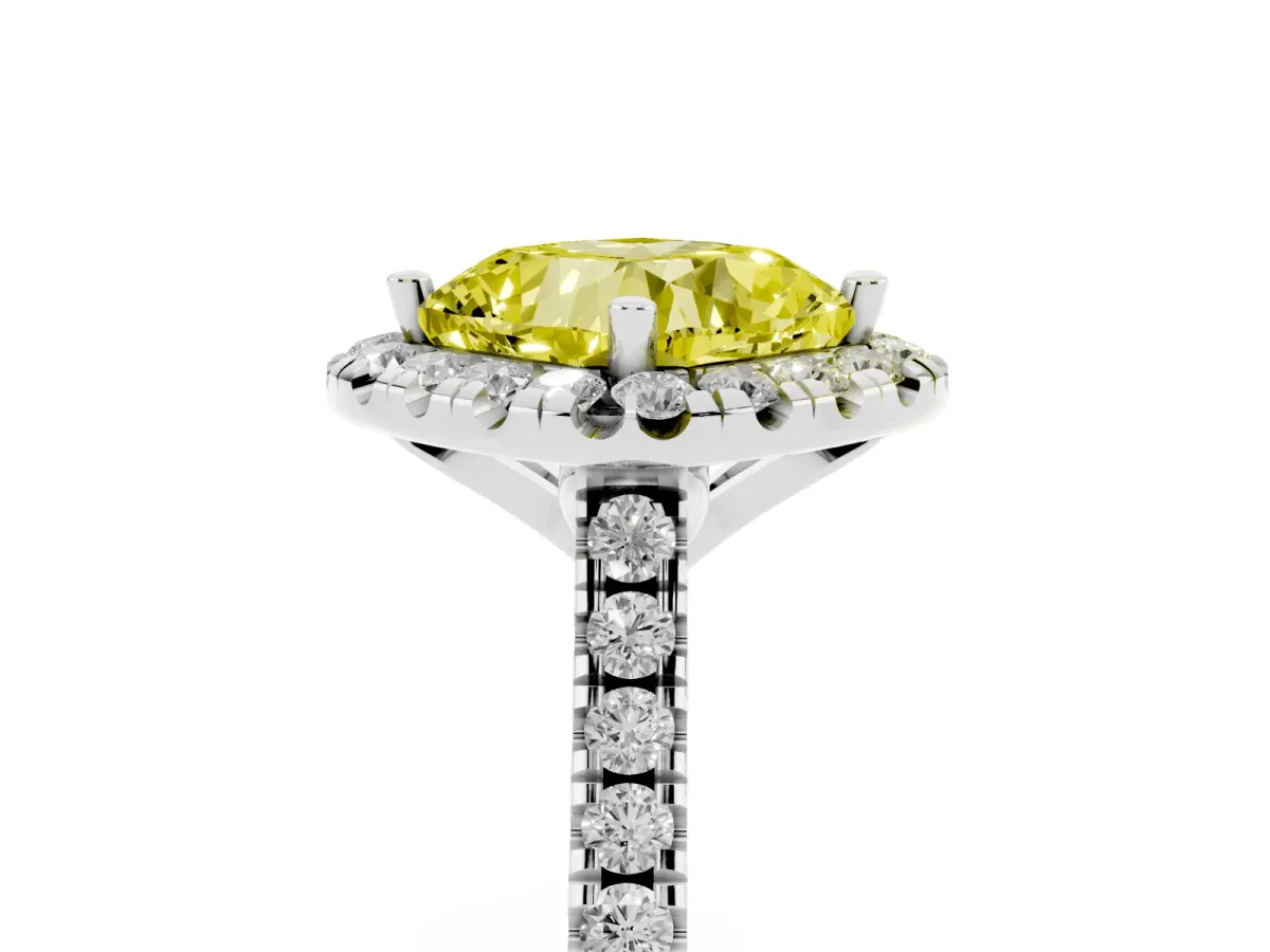 Fancy Yellow Cushion Cut Diamond Cushion Halo Ring with Pavé Band Silver