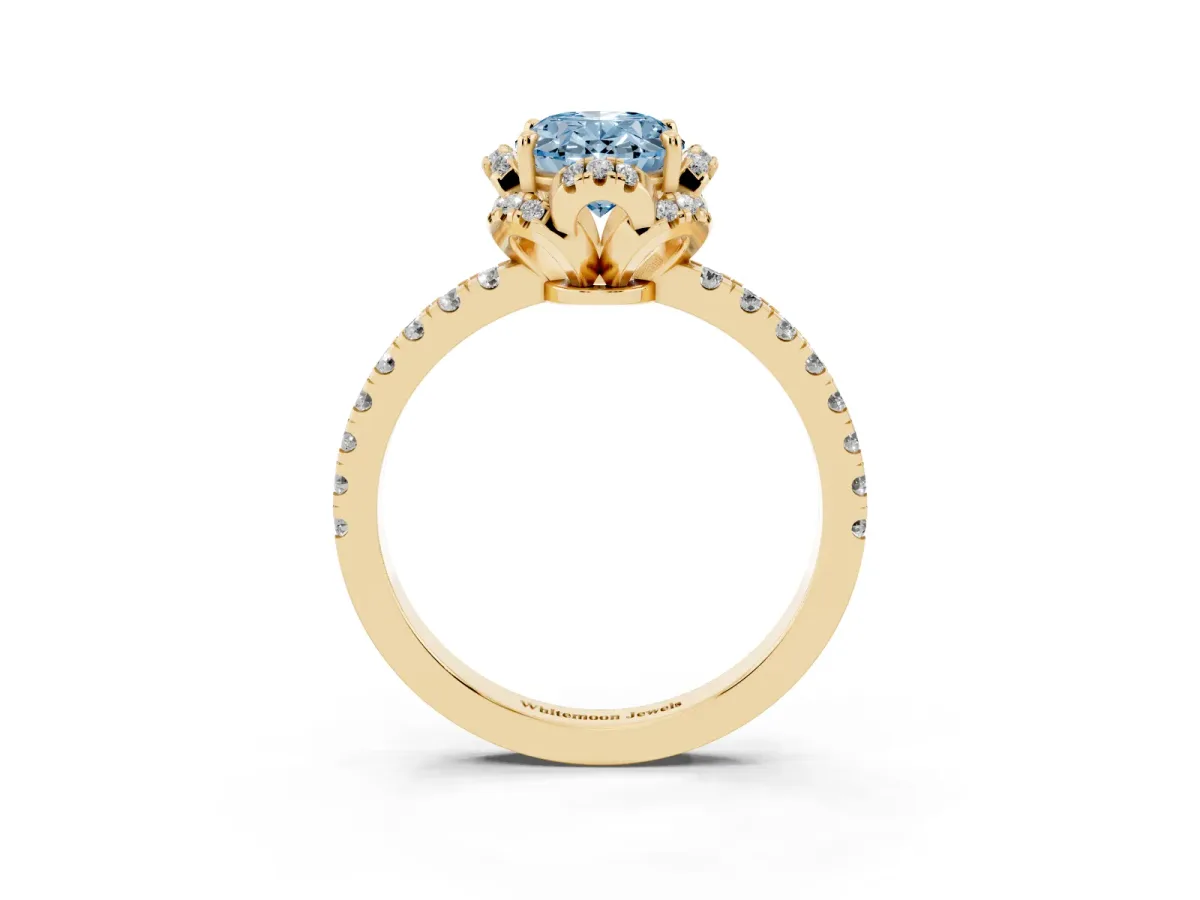 Fancy Blue Oval Cut Diamond Halo Pave Band with Four-Prong Setting Yellow gold