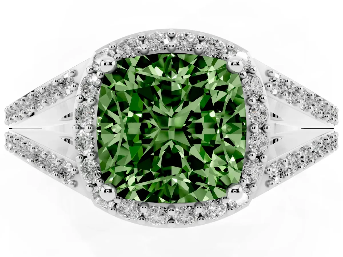 Fancy Green Cushion Cut Halo Split Shank Pave Diamond Ring with Four-Prong Setting Silver